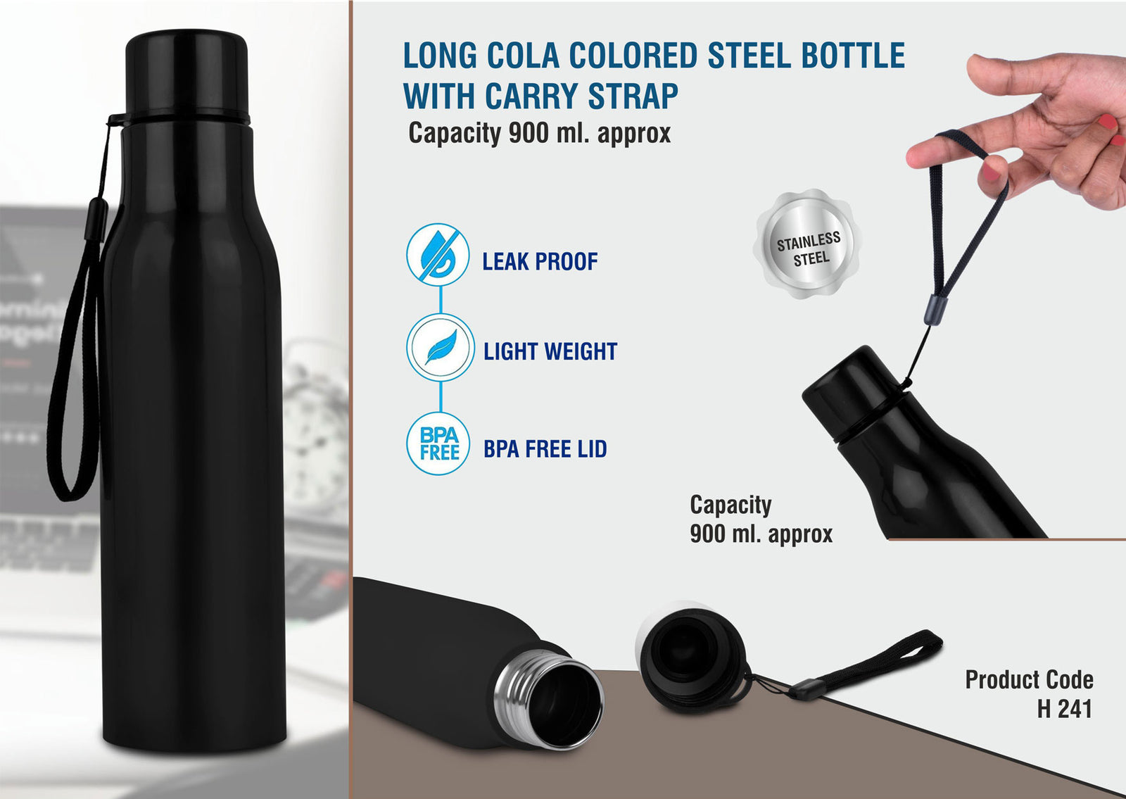 Long Cola Colored Stainless Steel Bottle with Carry Strap, 900ml Capacity, Black