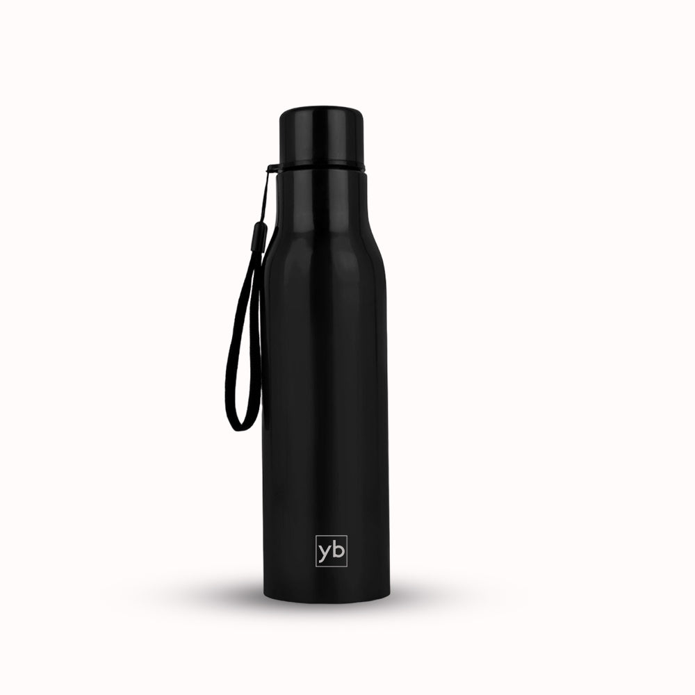 Long Cola Colored Stainless Steel Bottle with Carry Strap, 900ml Capacity, Black