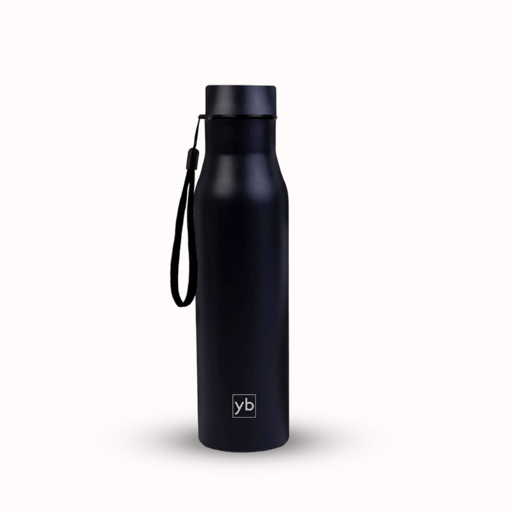 Long Cola Colored Stainless Steel Bottle with Colored Cap and Carry Strap, 900ml Capacity, Available in Black