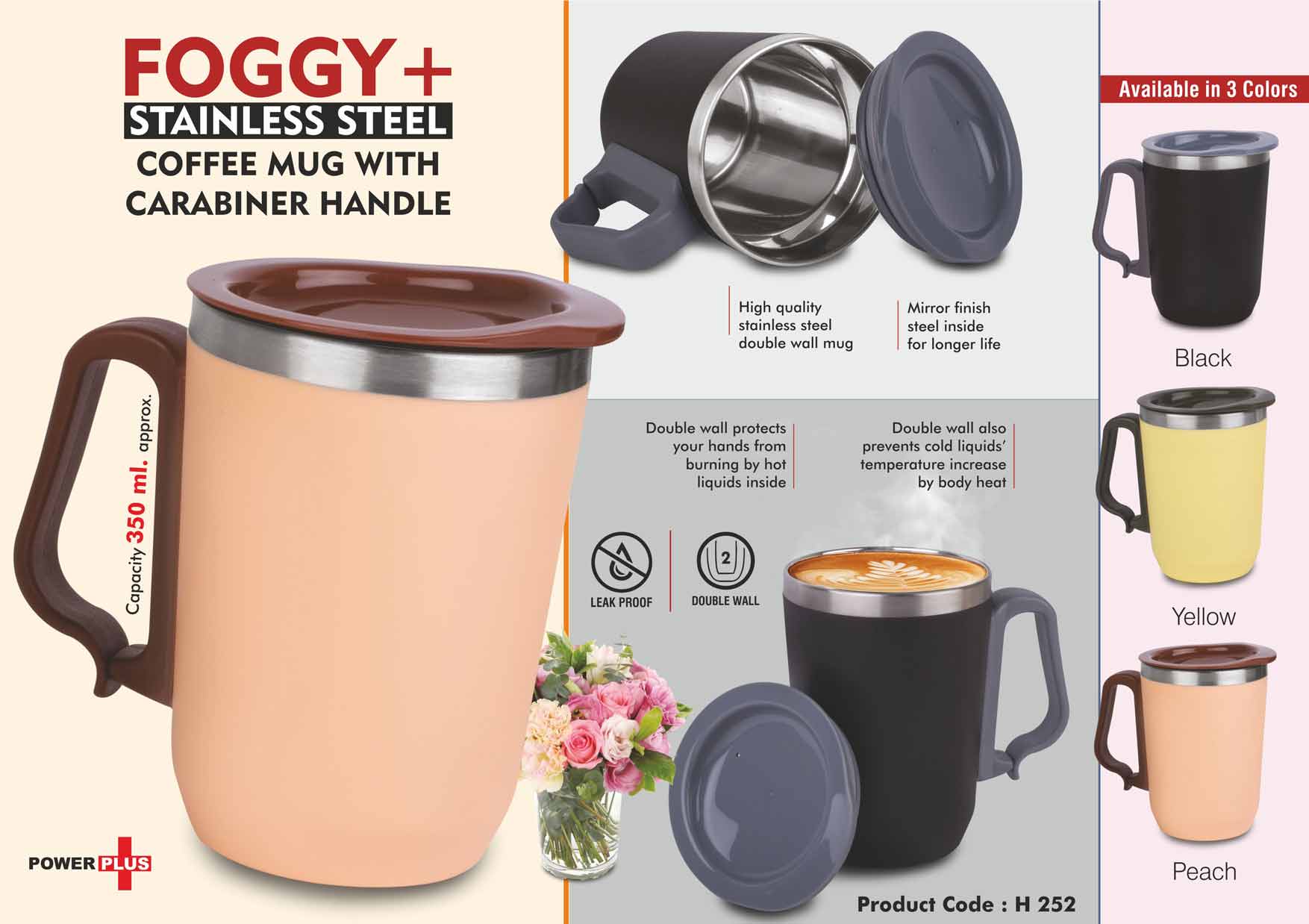 Foggy+ Stainless Steel Coffee Mug with Carabiner Handle and Leakproof Cap - 350ml Capacity in Black, Yellow, and Peach