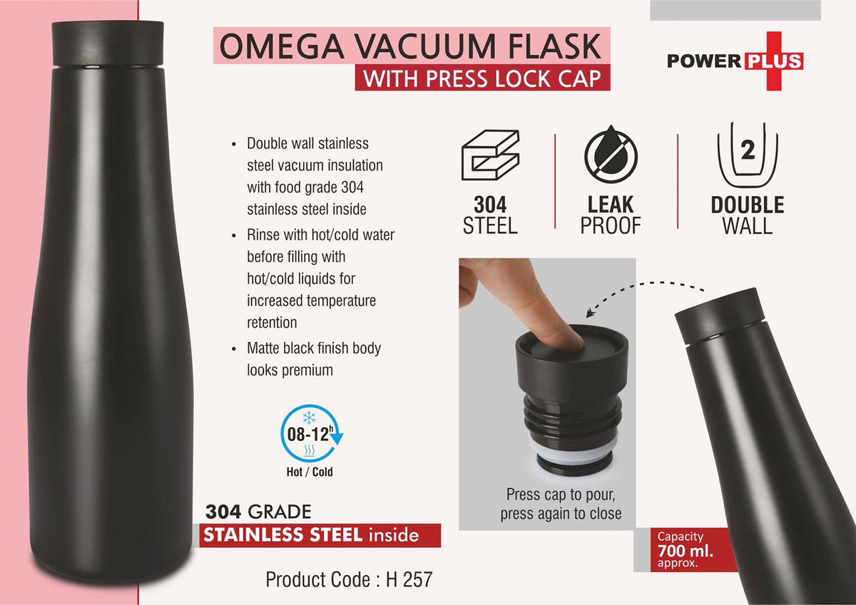 Omega Vacuum Flask with Press Lock Cap - 700ml Capacity in Black