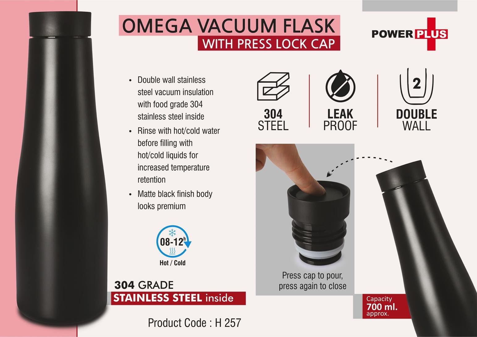 Omega Vacuum Flask with Press Lock Cap - 700ml Capacity in Black