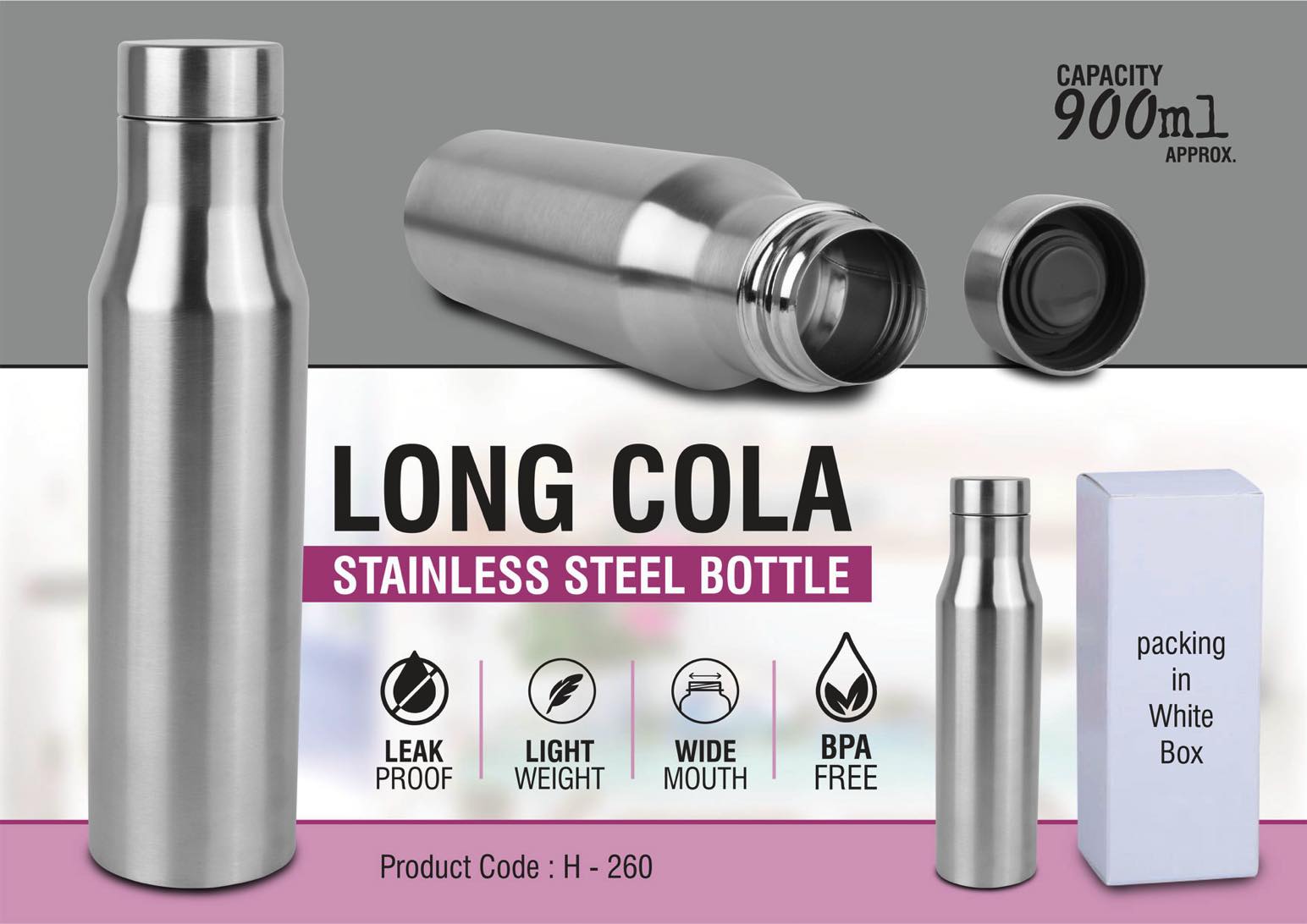 Long Cola Stainless Steel Bottle - 900ml Capacity in Silver