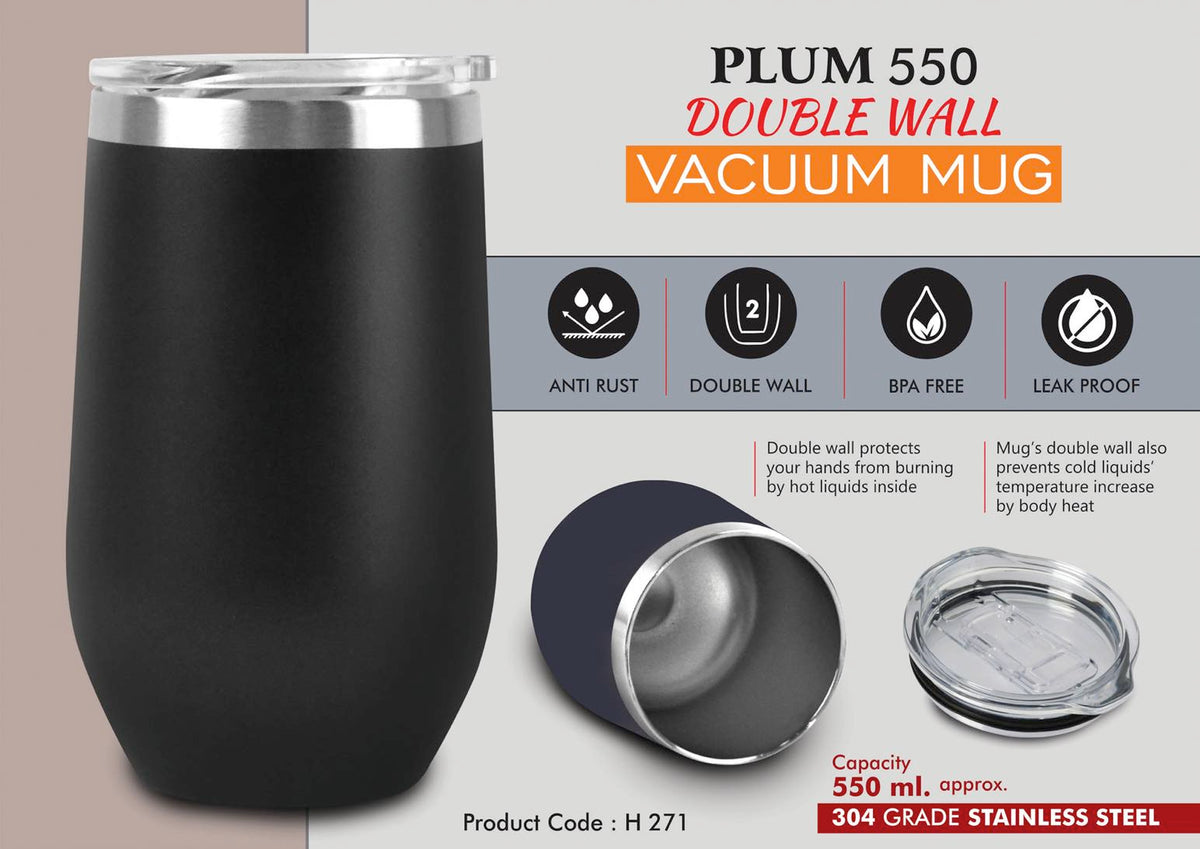 Plum 550 Double Wall Vacuum Mug - 304 Grade Steel, 550ml Capacity, Slider Cap