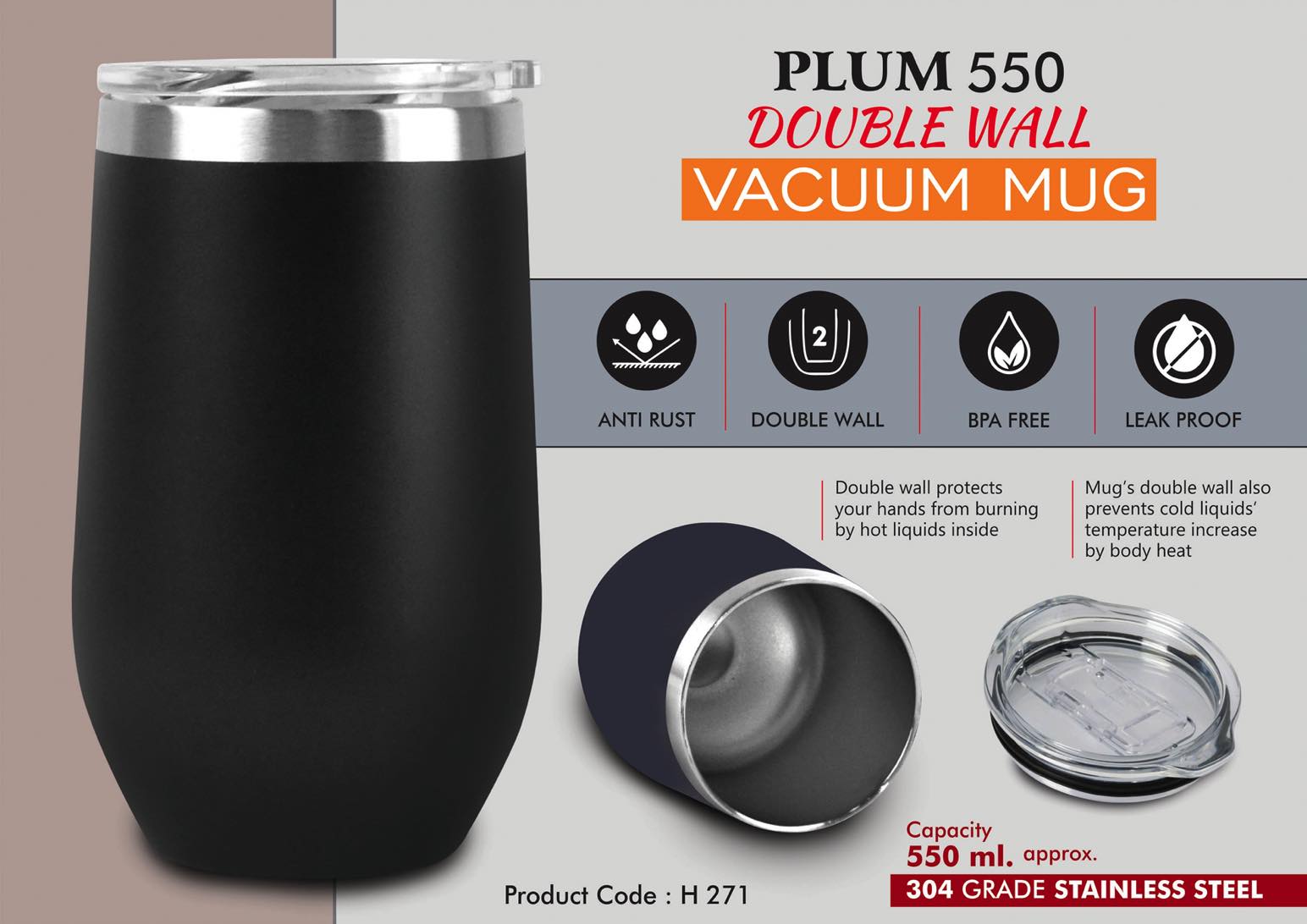Plum 550 Double Wall Vacuum Mug - 304 Grade Steel, 550ml Capacity, Slider Cap