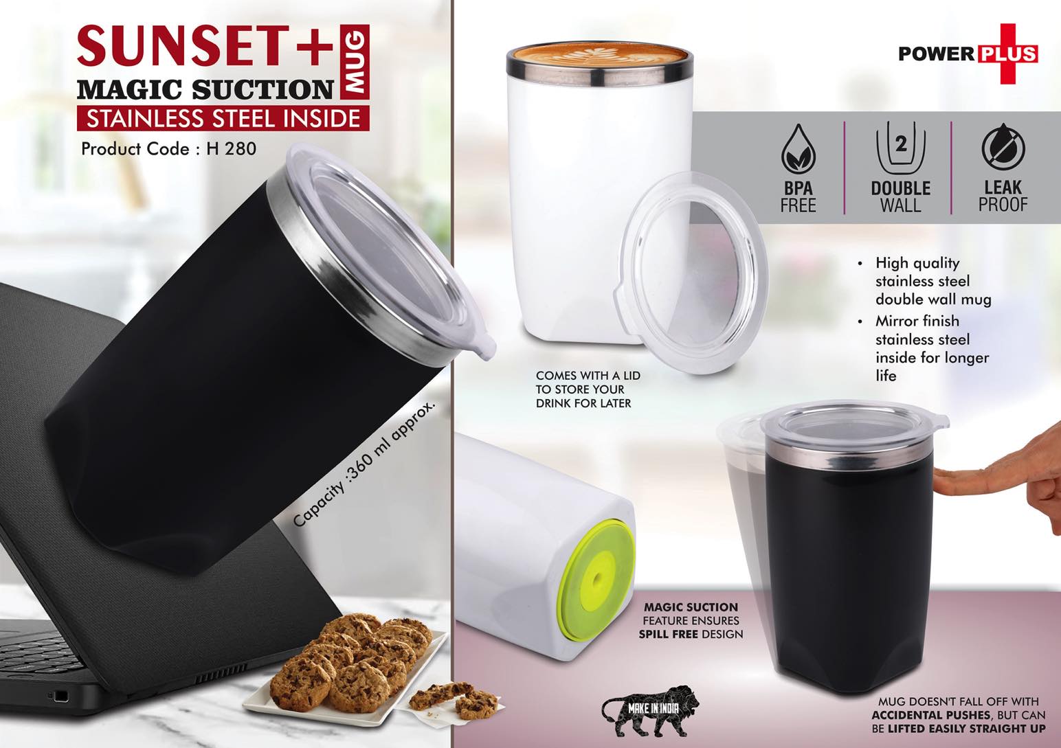 Sunset+ Magic Suction Mug with Stainless Steel Inside - Spill-Proof Design, Leak-Proof Lid, BPA-Free, 360ml Capacity