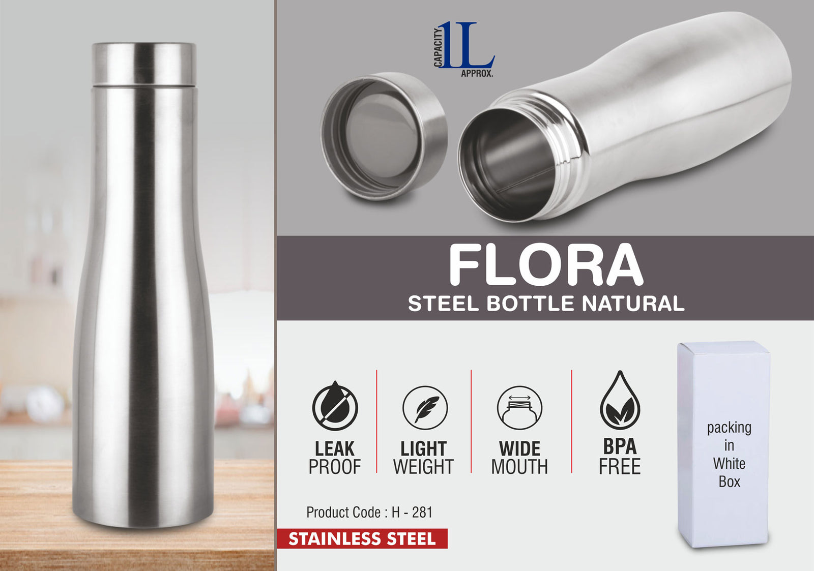 Flora Steel Bottle Natural - 1L Capacity, Leak-Proof Cap, Wide Mouth