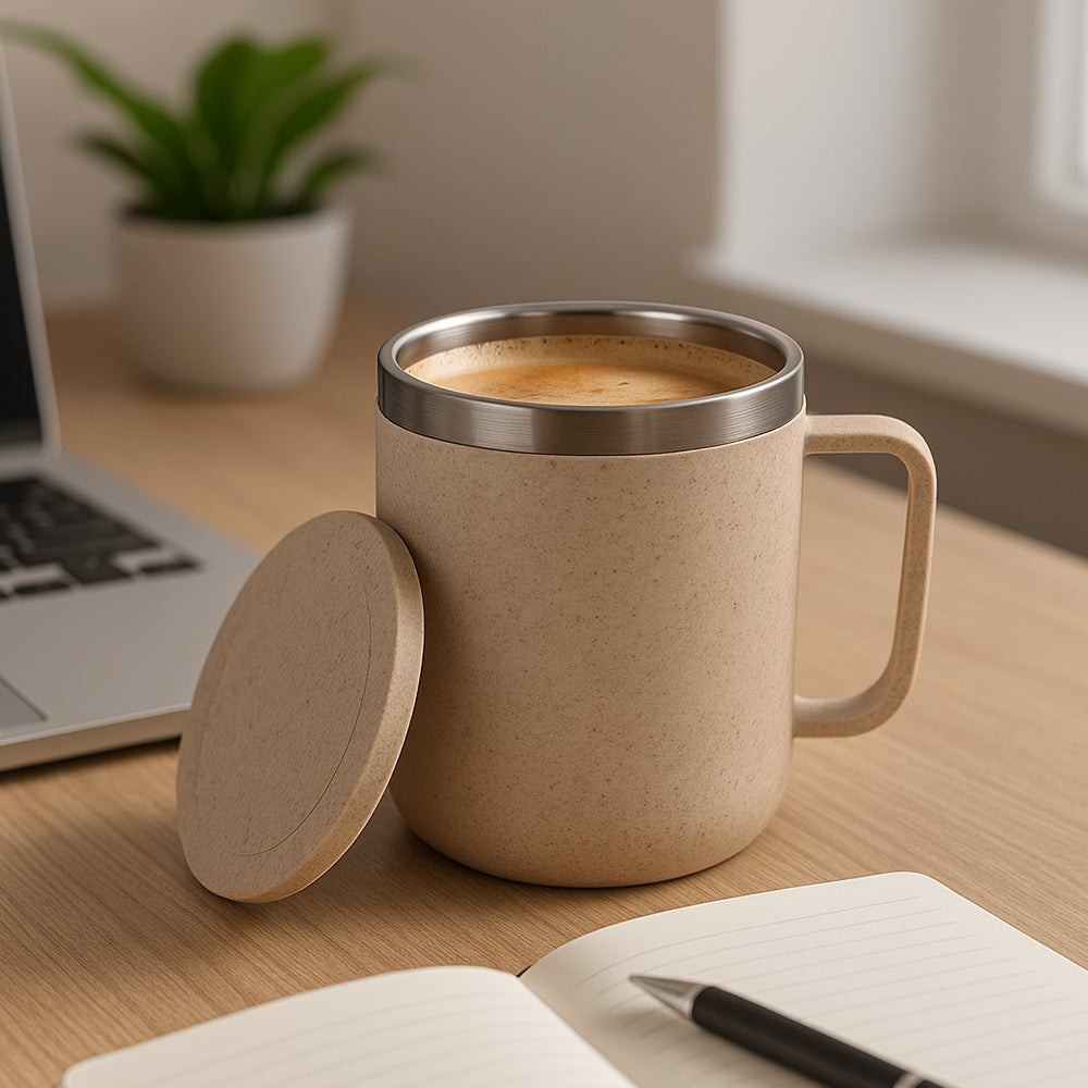 EcoWave stainless steel double wall coffee mug made from wheat fiber and rice husk – leakproof eco-friendly travel mug
