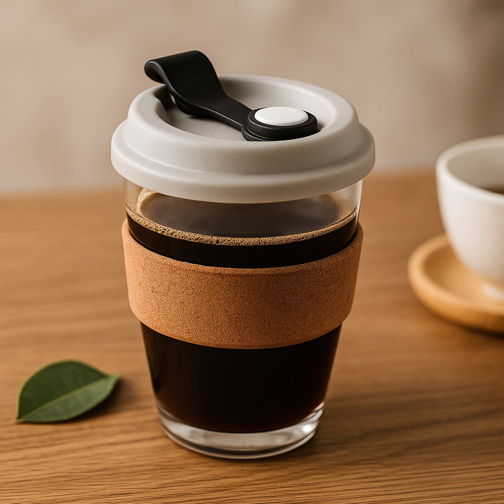 Premia Eco glass mug with cork grip and flip top lid – 350ml eco-friendly drinkware by Power Plus