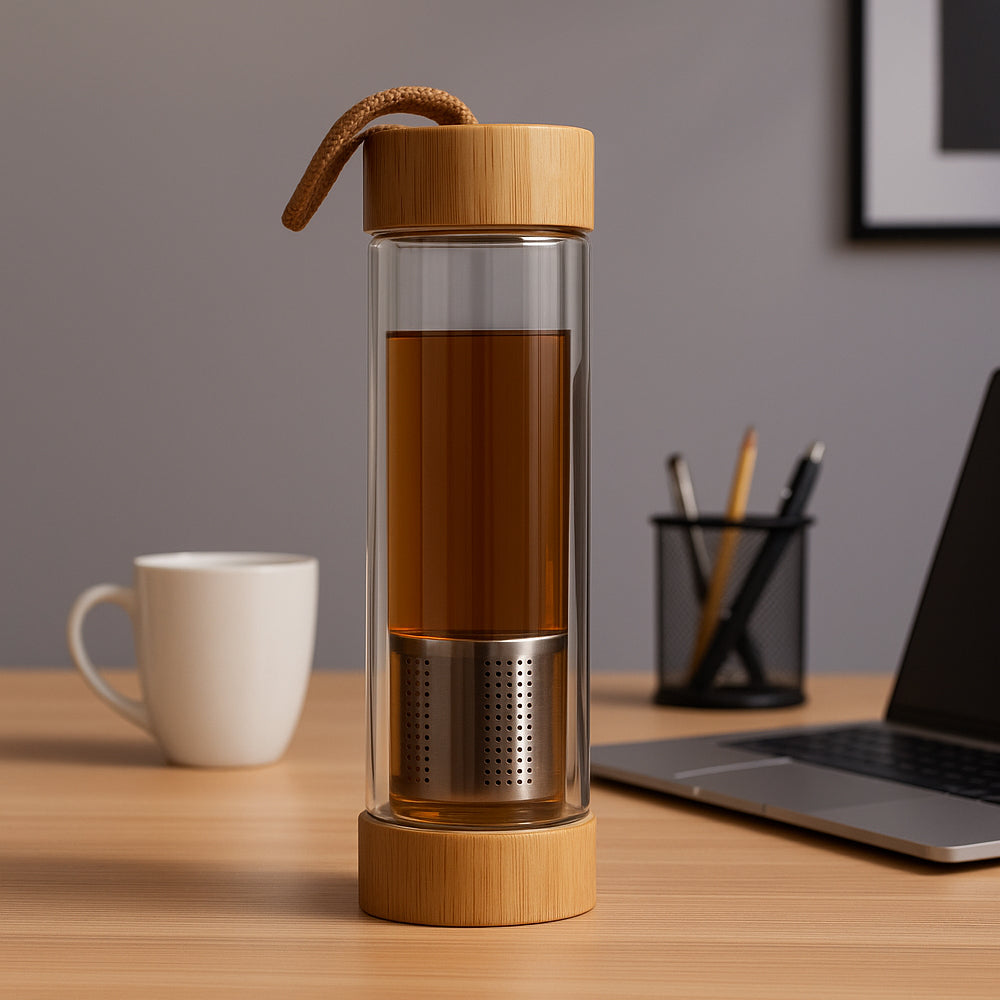 Eco-friendly borosilicate glass infuser bottle with bamboo lids and stainless steel infuser, 450ml – ideal for tea, coffee, or detox drinks