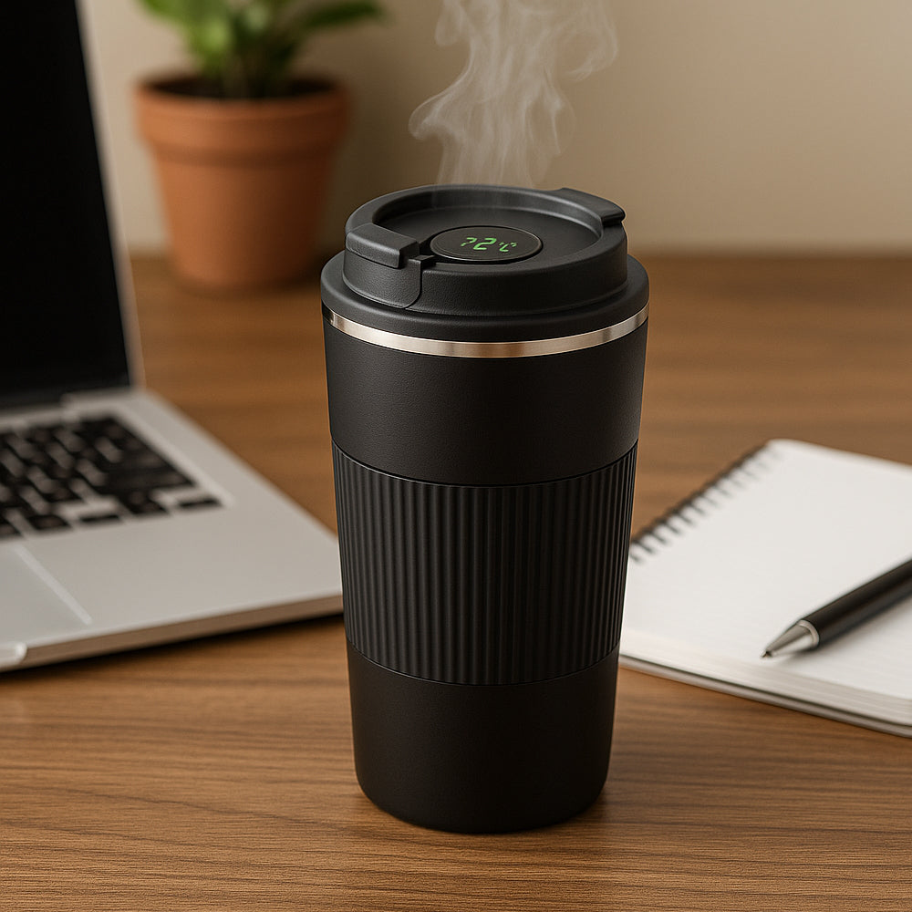 Stainless steel vacuum coffee mug with silicon grip and temperature display – Café Buddy Pro by Power Plus
