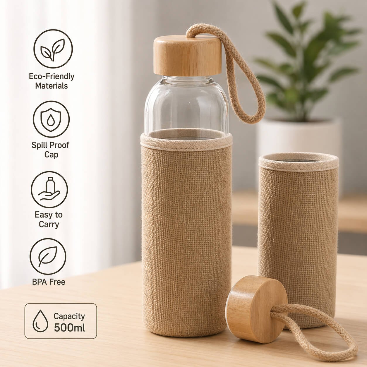 EarthWeave: Glass Bottle with Bamboo Cap & Jute Sleeve  — corporate gift