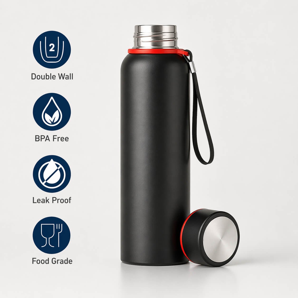 Quest 700: Vacuum Insulated Flask with Carry Strap Black — corporate gift