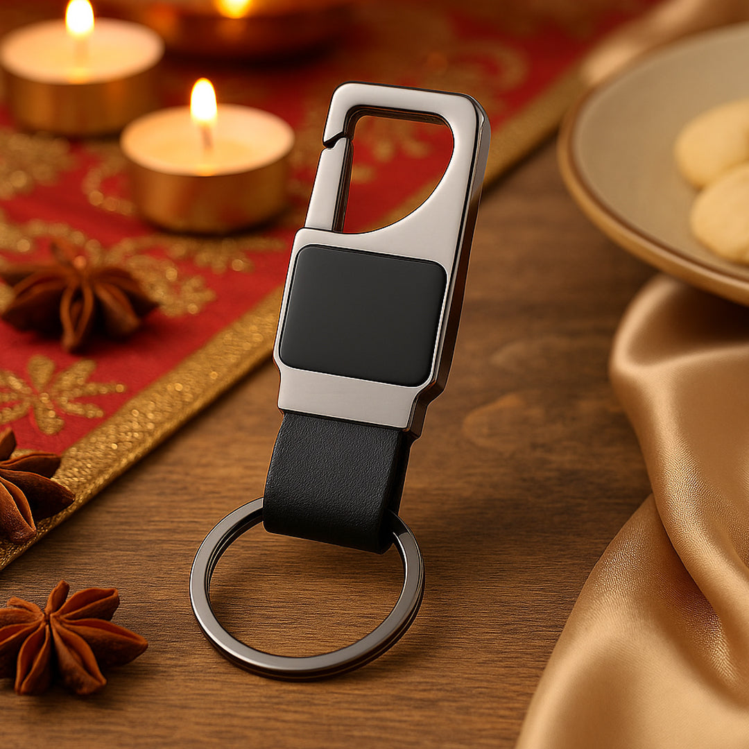Rectangle metal keychain with PU strap and bottle opener held in hand