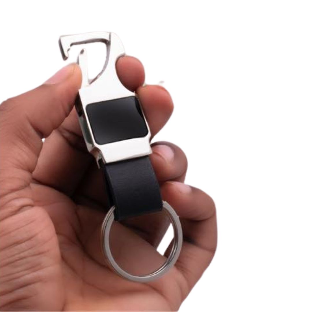 Rectangle metal keychain with PU strap and bottle opener held in hand