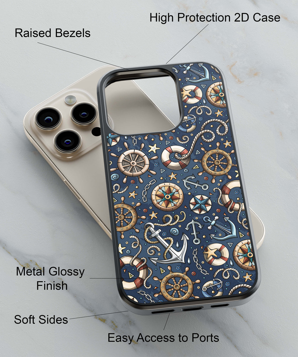 Nautical Blue Back Cover for 2D Hybrid TPU And Metal CaseU0237Hybrid Metal TPU-Image 2