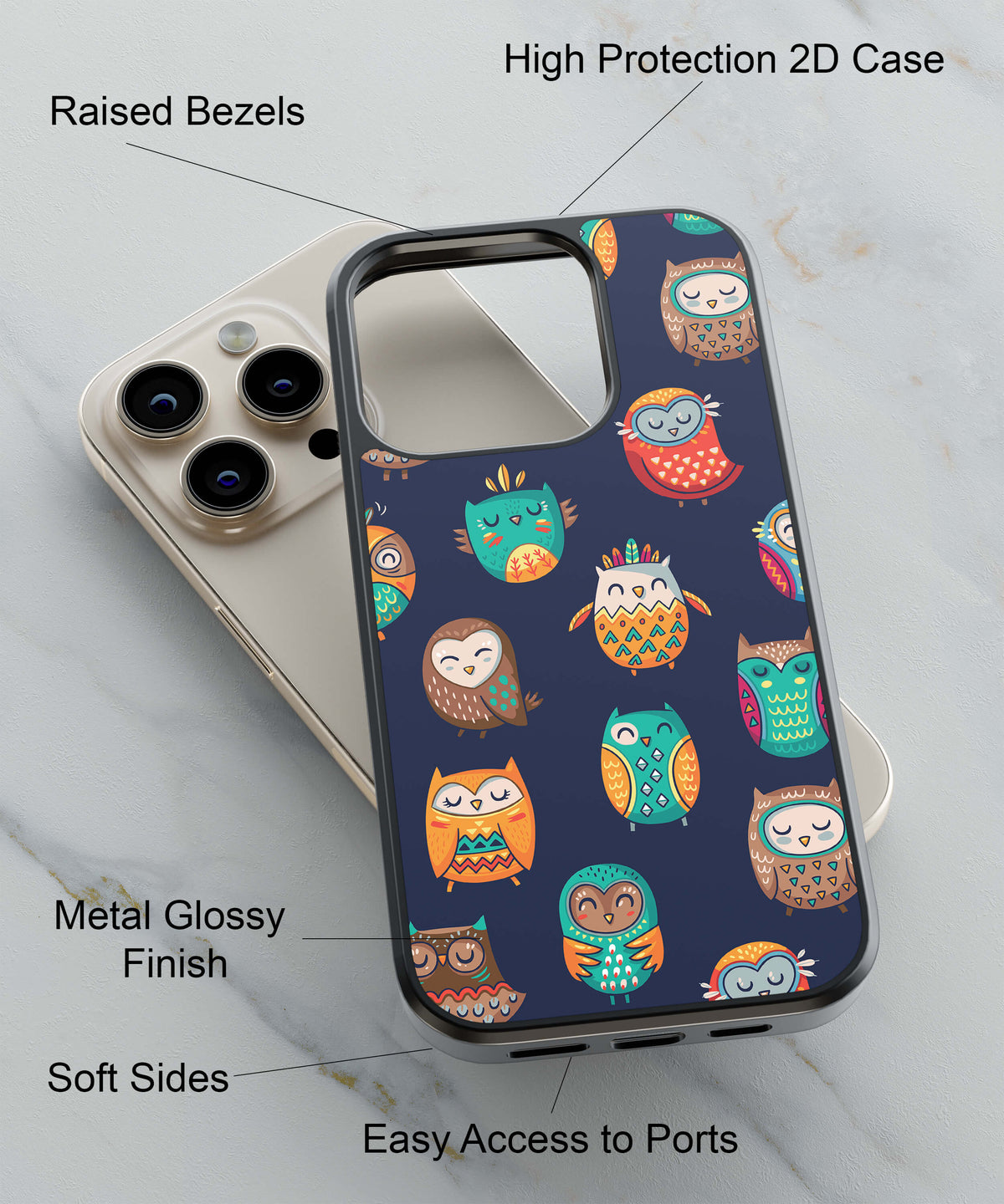 Owly Pattern Back Cover for 2D Hybrid TPU And Metal CaseA0346Hybrid Metal TPU-Image 2