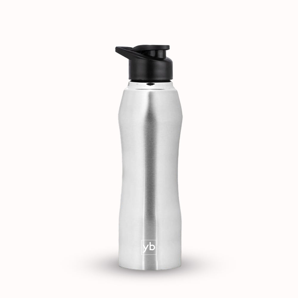 Curvy Steel Bottle Natural - 1L Capacity, Single Wall Stainless Steel, Leakproof, Wide Mouth, Silver