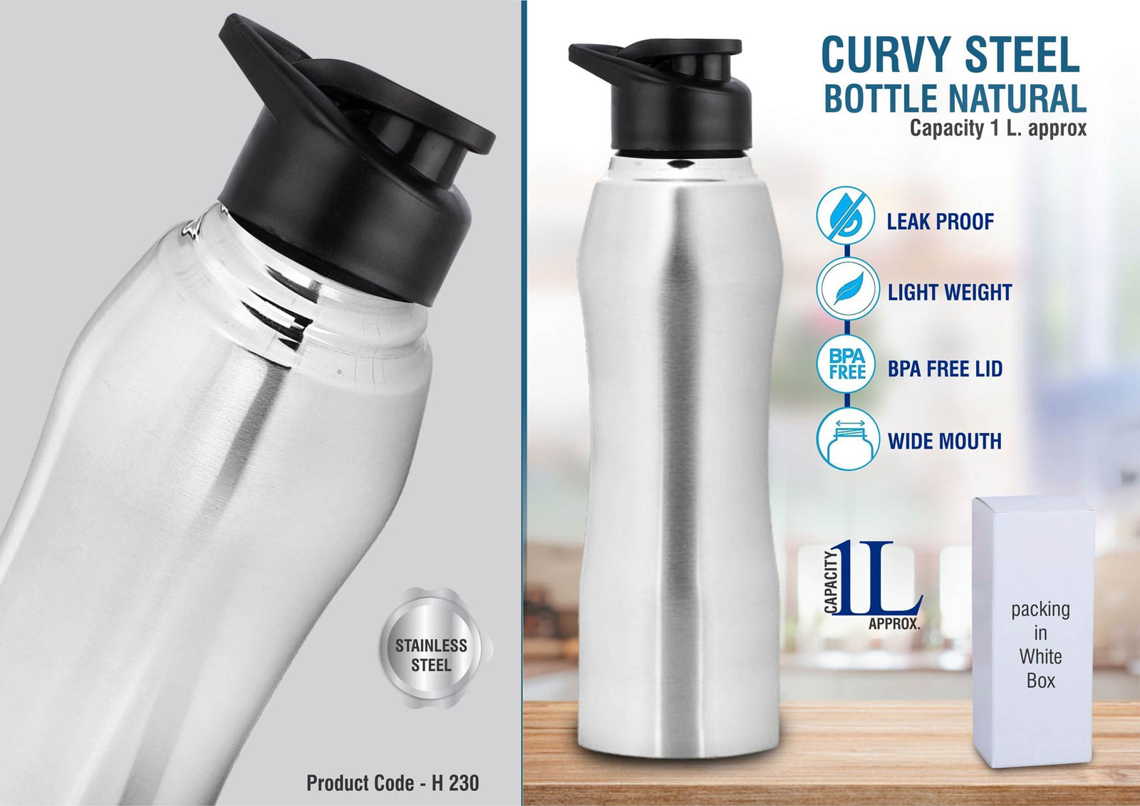 Curvy Steel Bottle Natural - 1L Capacity, Single Wall Stainless Steel, Leakproof, Wide Mouth, Silver
