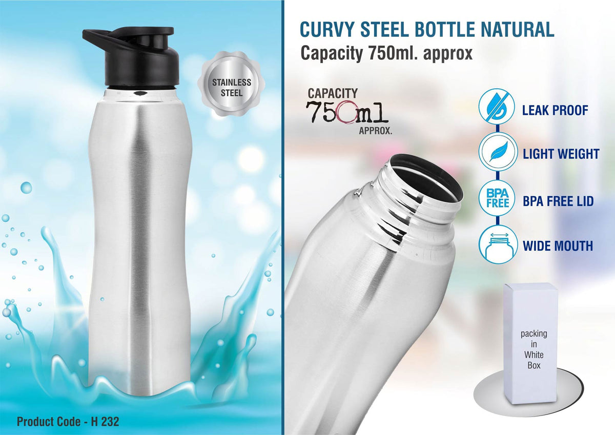 Curvy Steel Bottle - Natural Silver, 750ml