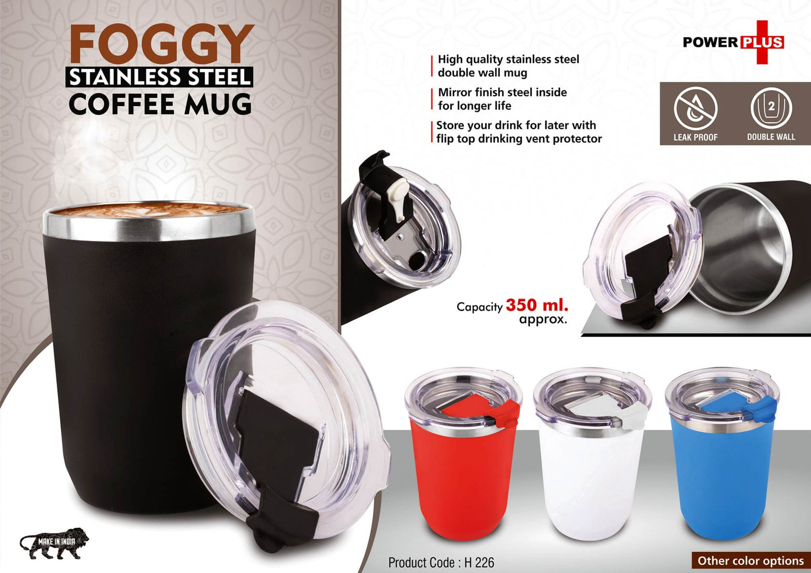 Foggy Stainless Steel Coffee Mug with Premium Flip Top Lid, Leakproof, 350ml Capacity (White/Blue/Red/Black)