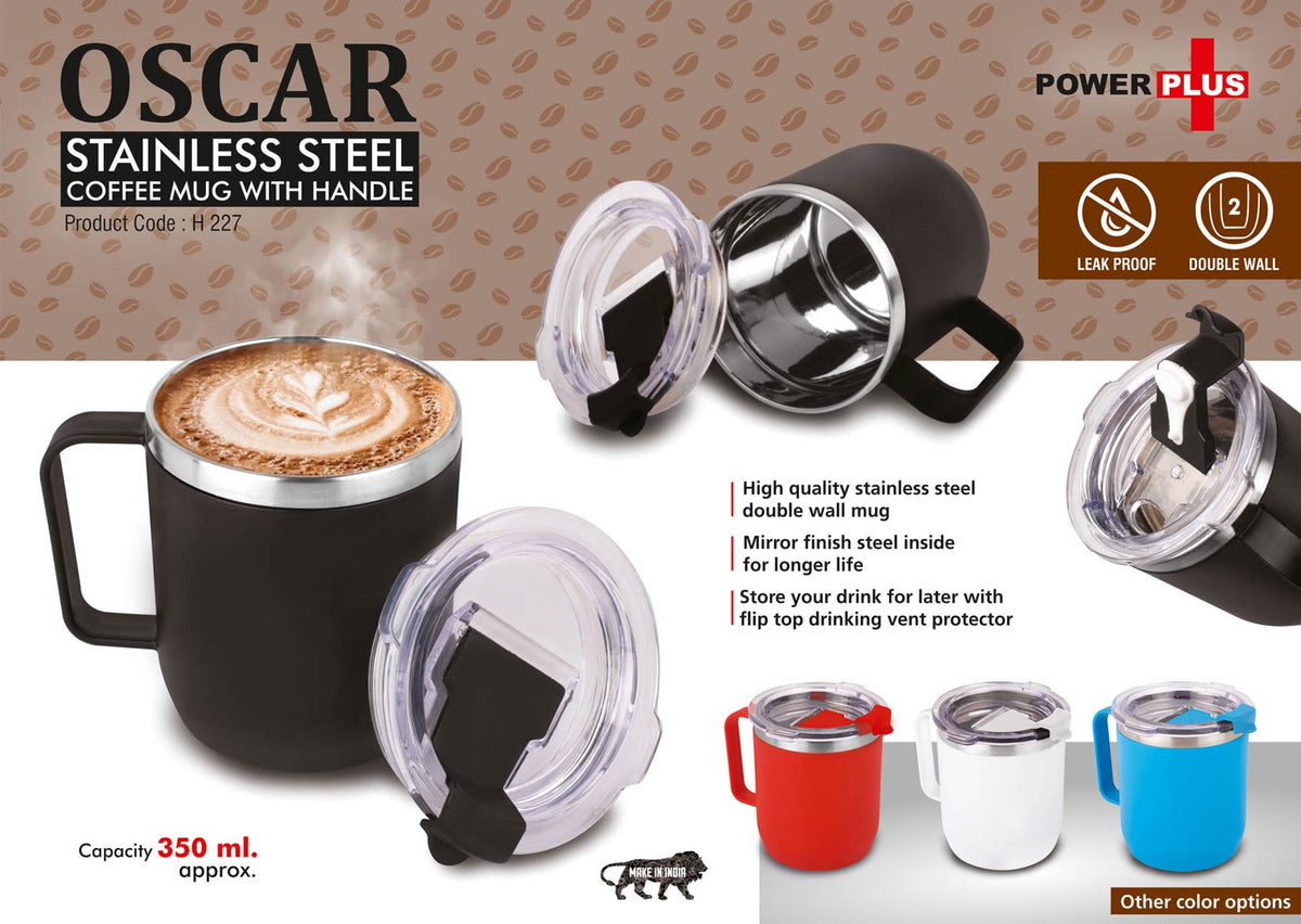 Oscar Stainless Steel Coffee Mug with Handle and Flip Top Lid - Leakproof, 350ml Capacity, Available in 4 Colors