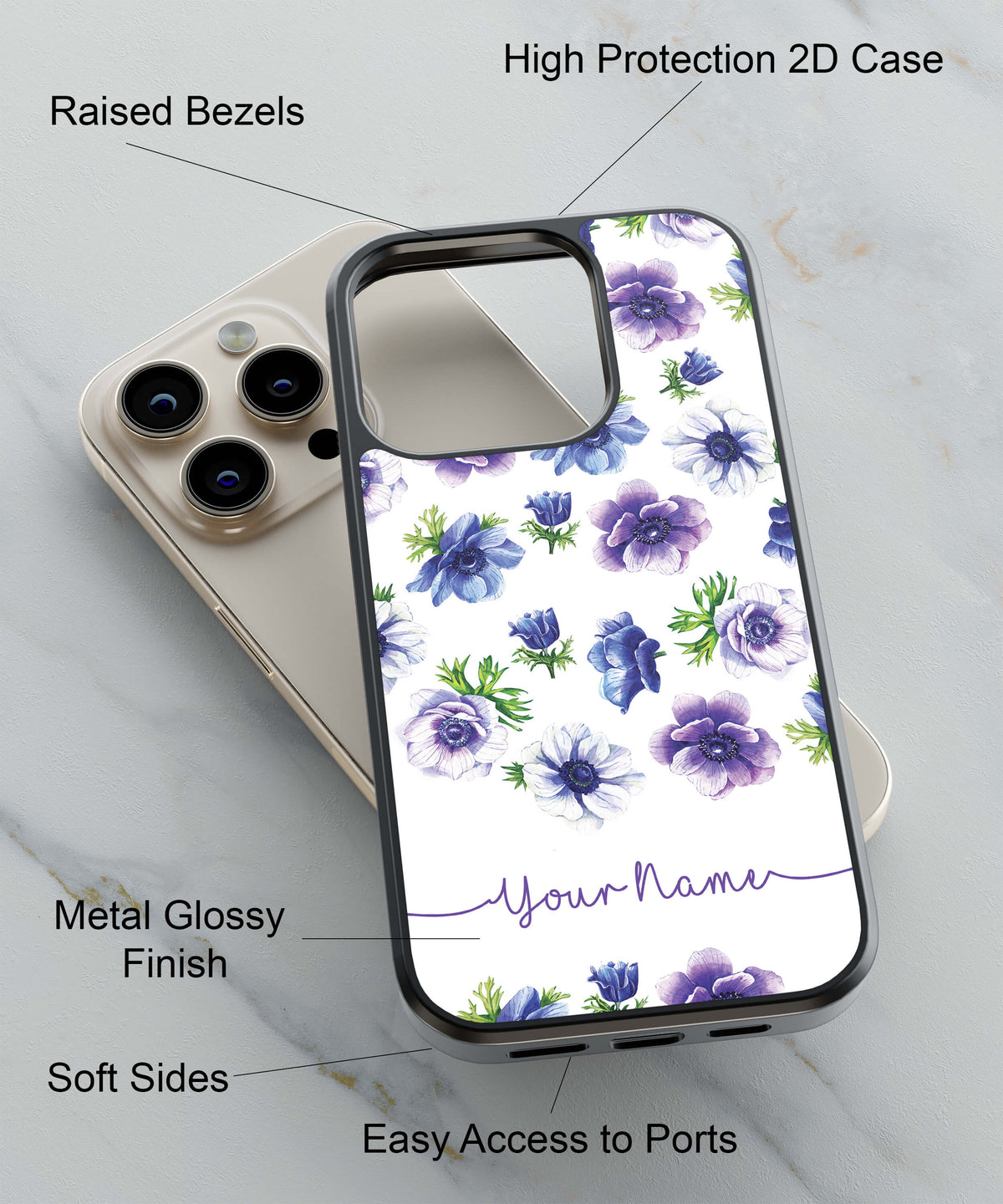 Purple Flowers with Name Back Cover for 2D Hybrid TPU And Metal CaseIK5005Hybrid Metal TPU-Image 2
