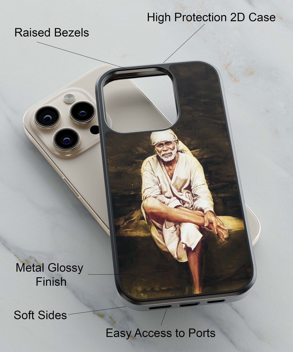 Sai Baba Sitting On Stone Back Cover for 2D Hybrid TPU And Metal CaseD1542Hybrid Metal TPU-Image 2