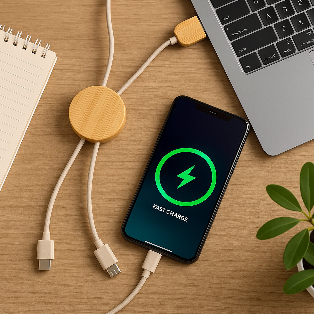 Eco-friendly bamboo fast charging cable with universal ports on desk setup