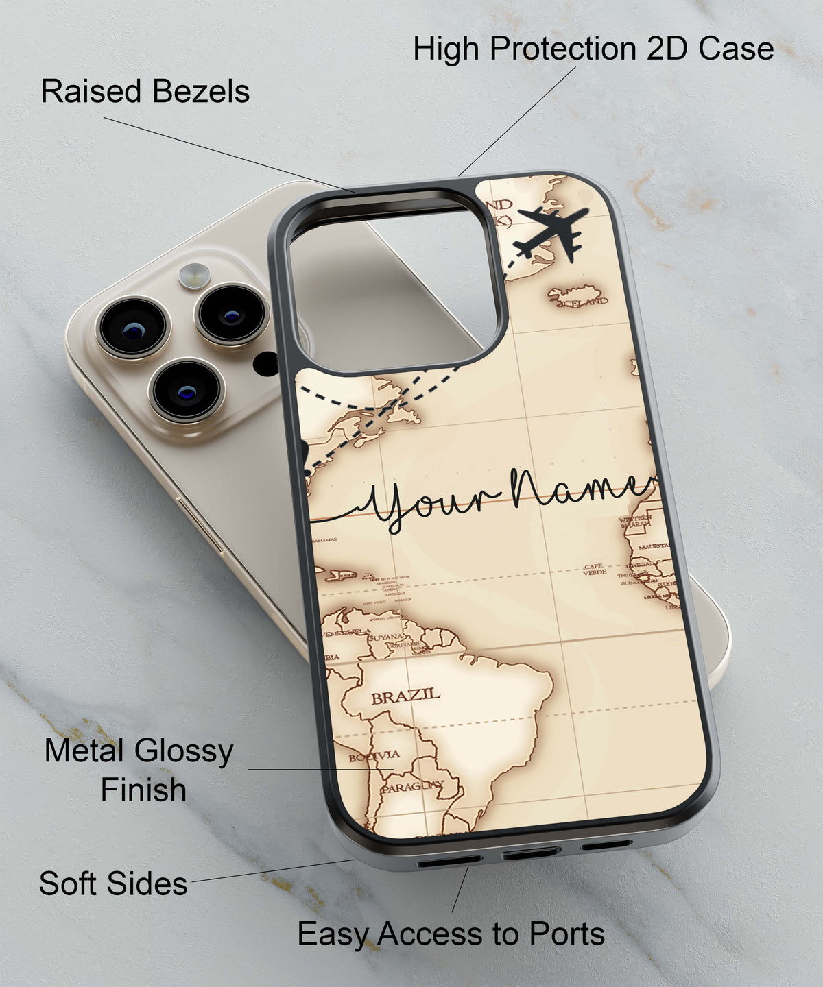 World Map with Name Back Cover for 2D Hybrid TPU And Metal CaseIK5003Hybrid Metal TPU-Image 2