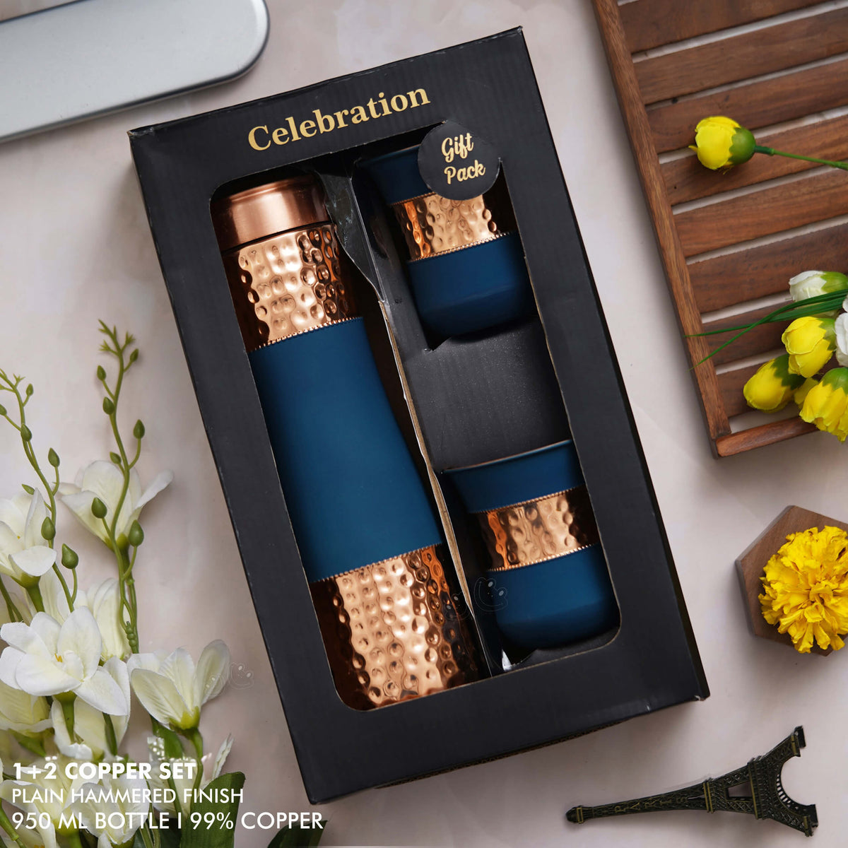 Blue Plain Hammered Rubberized Finish Copper Bottle Gift Set - Perfect for Gifting