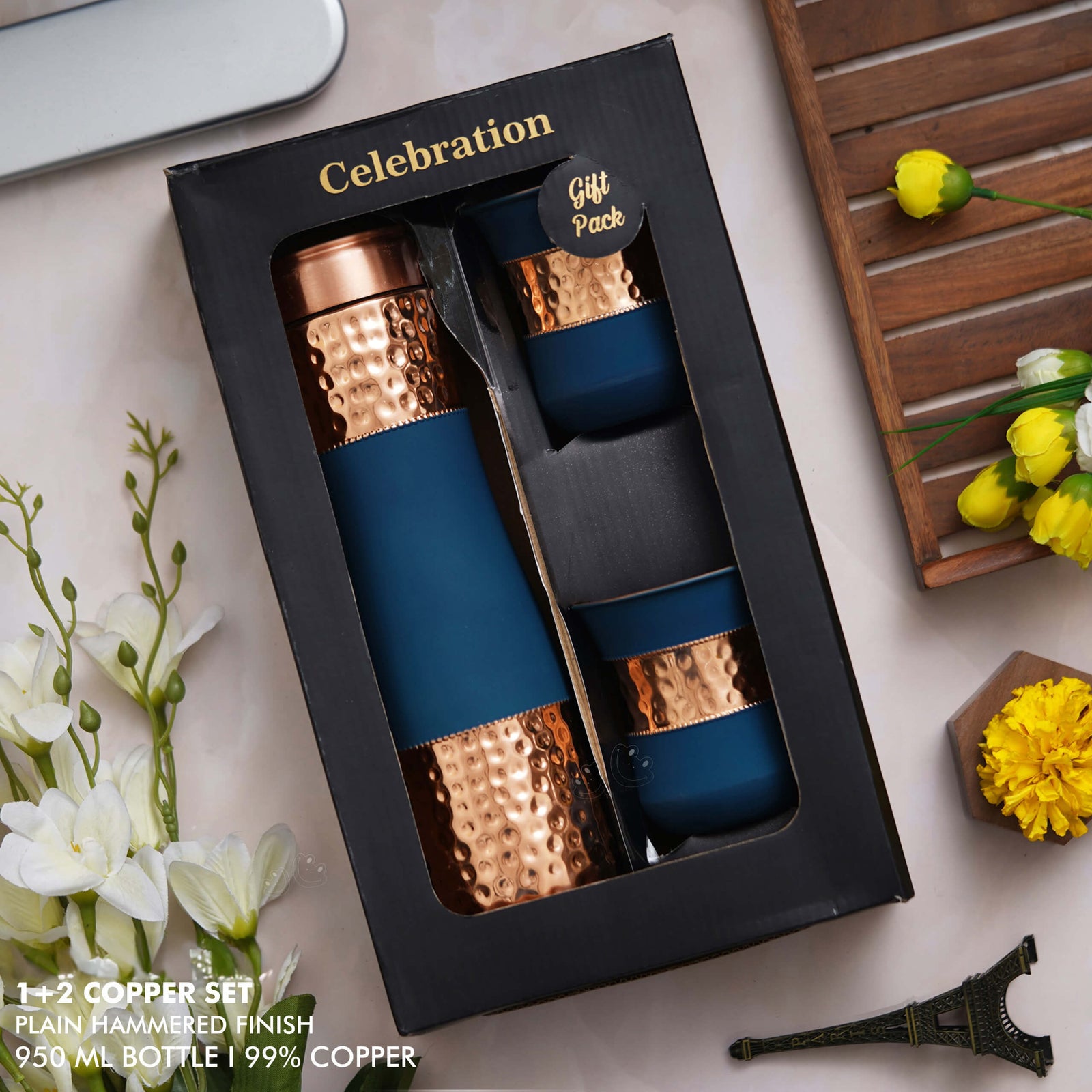 Blue Plain Hammered Rubberized Finish Copper Bottle Gift Set - Perfect for Gifting