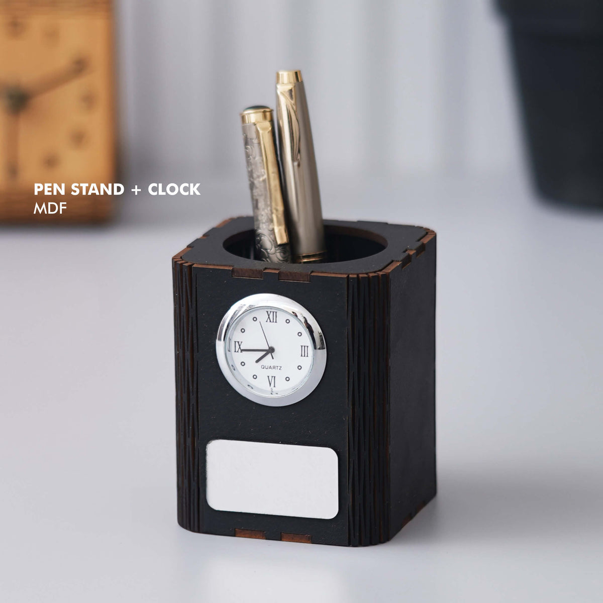Customizable Black MDF Pen Stand with Clock - Stylish Desk Organization