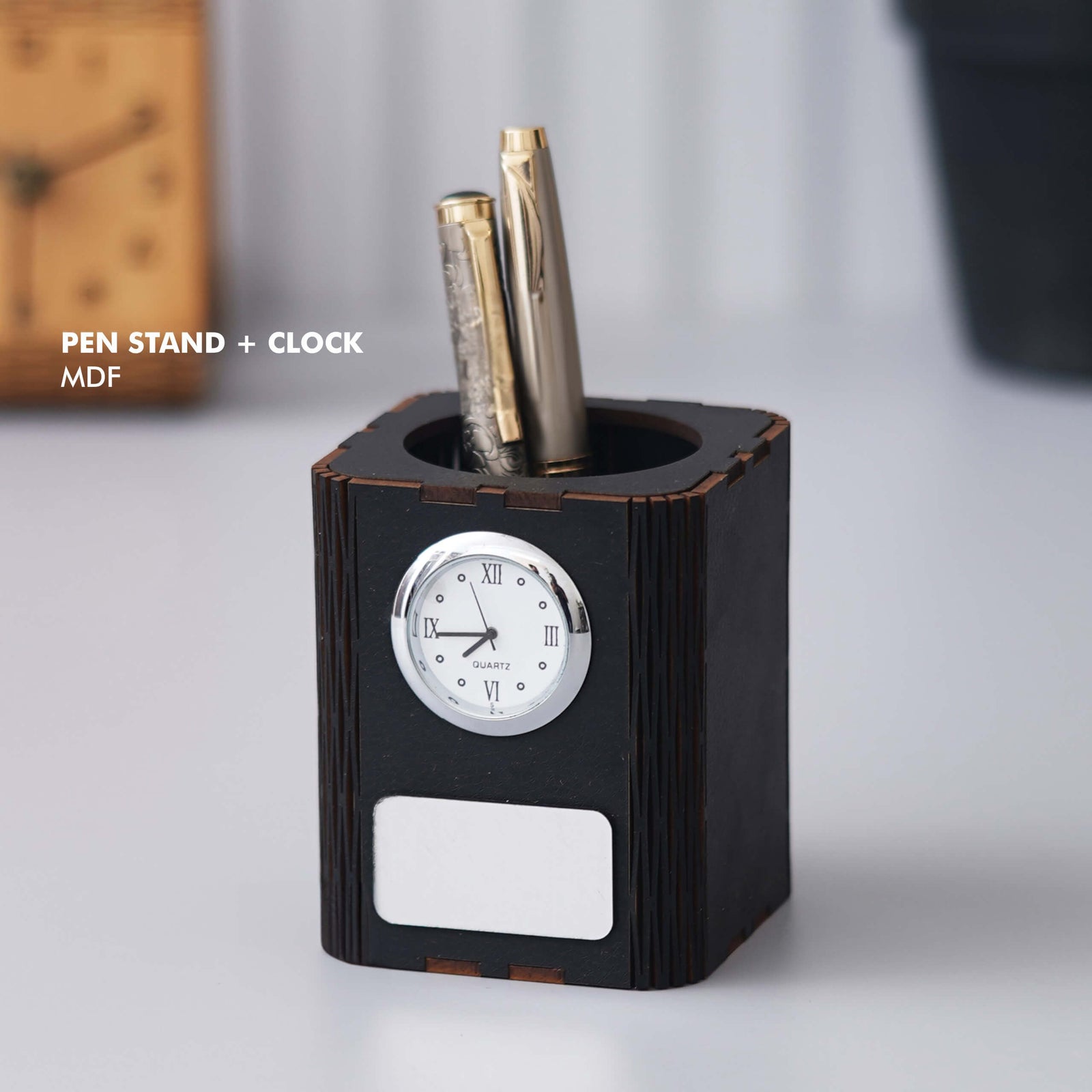 Customizable Black MDF Pen Stand with Clock - Stylish Desk Organization