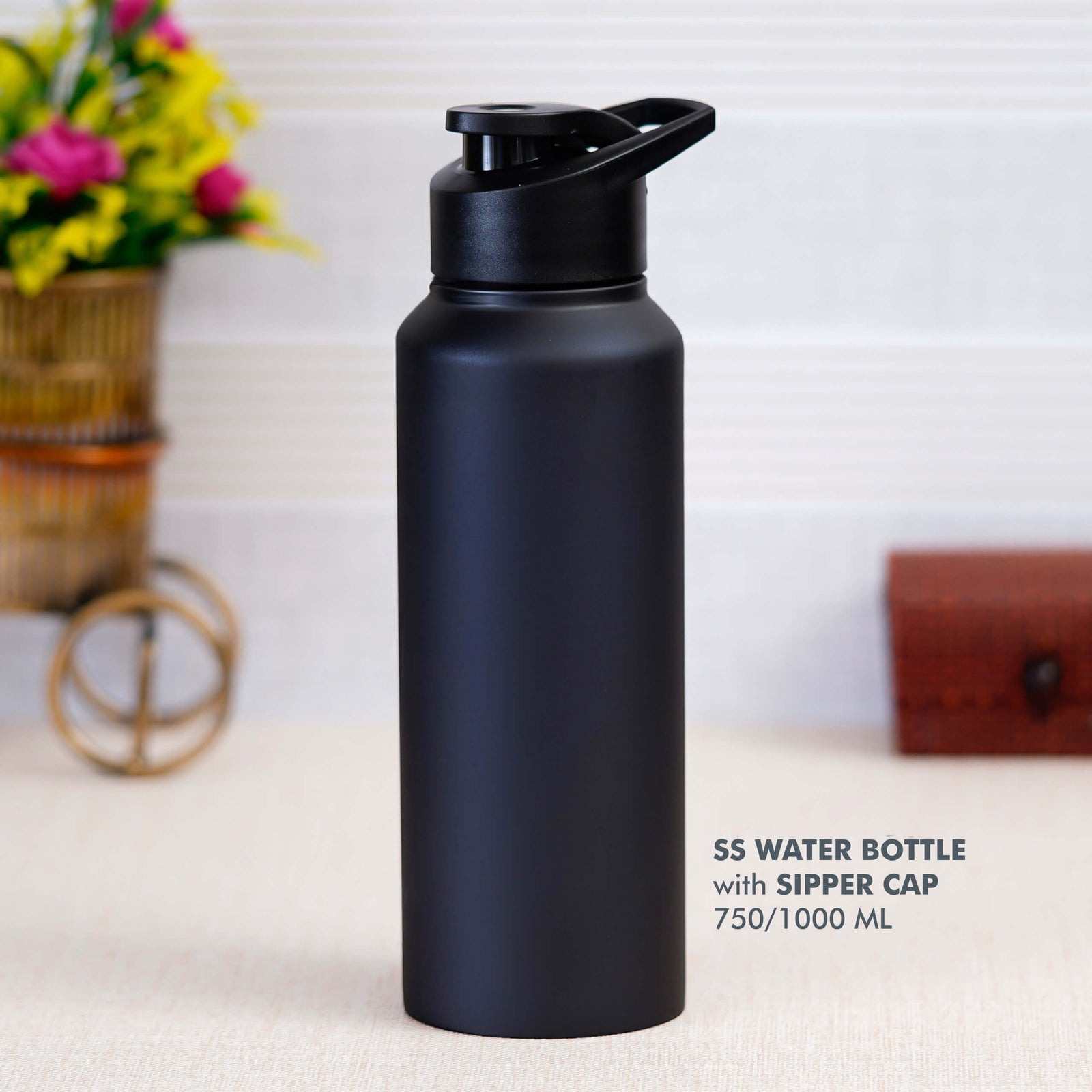 Customizable Black Stainless Steel Bottle with Sipper Cap - Perfect for Active Individuals