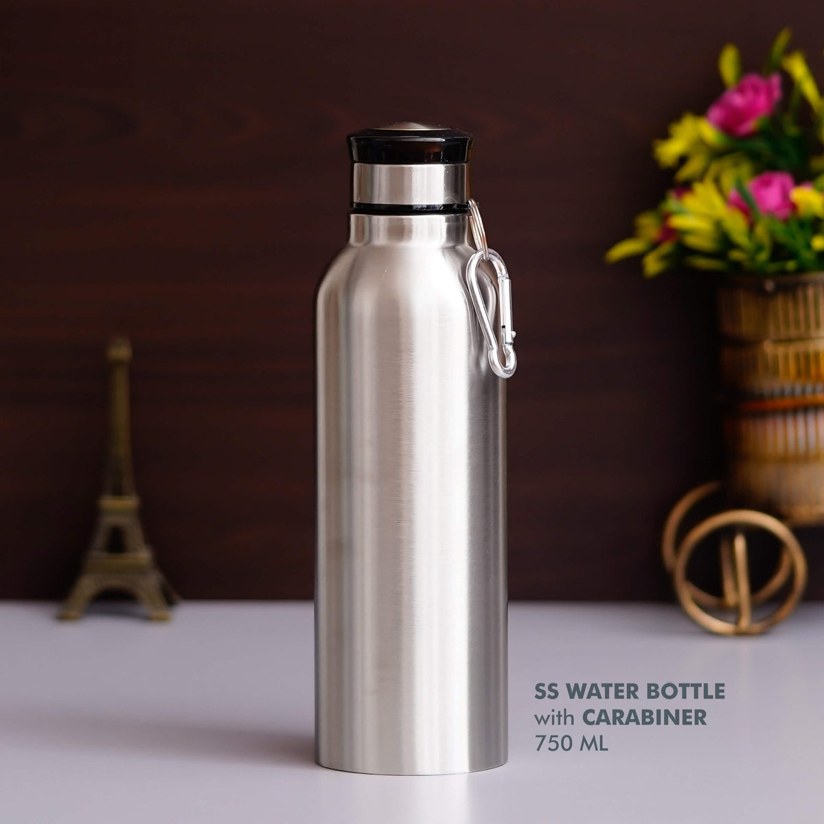 Customizable Silver Stainless Steel Bottle with Carabiner - Ideal for Daily Hydration