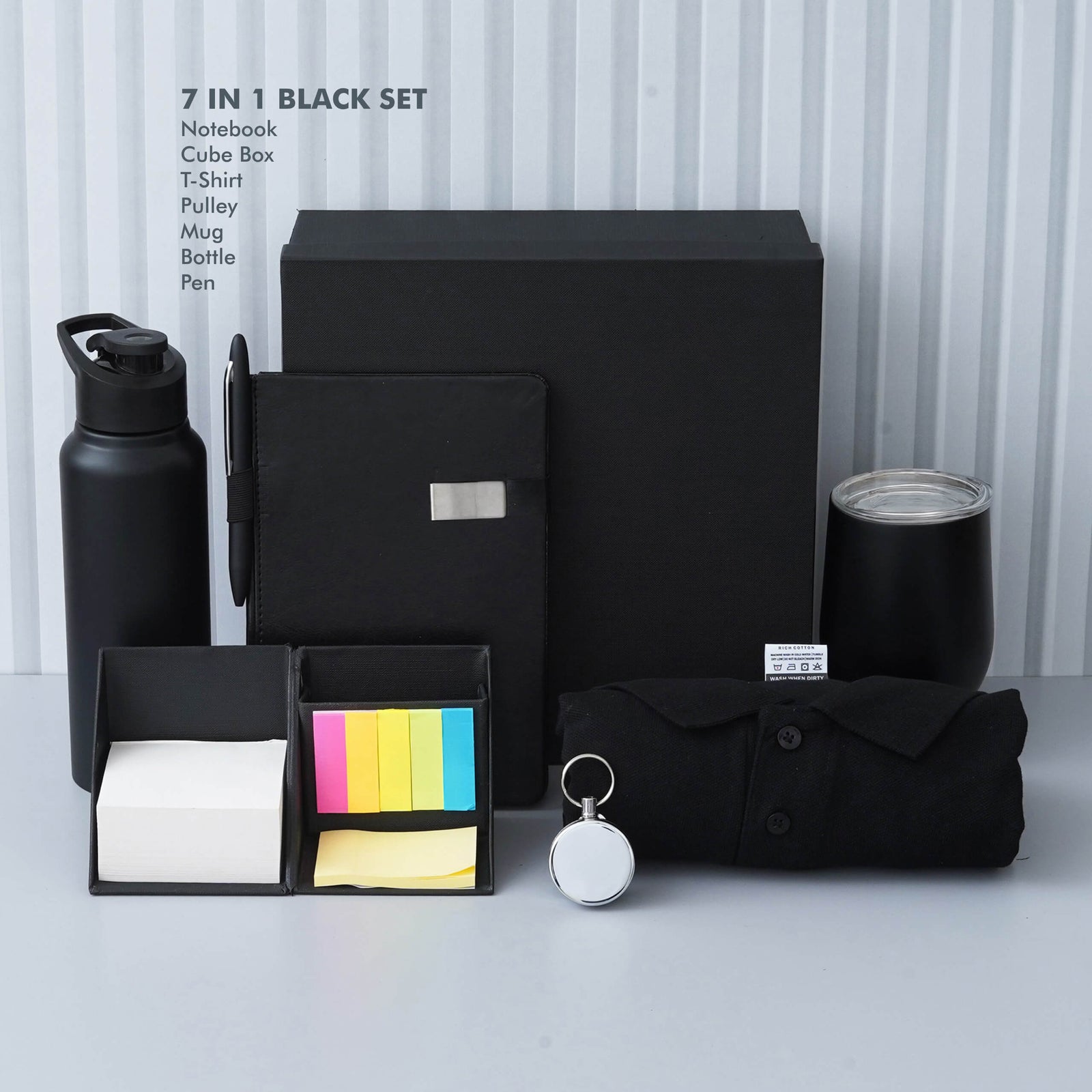 Deluxe Black Gift Set - Notebook, Cube Box, T-Shirt, Mug, Bottle, Pen