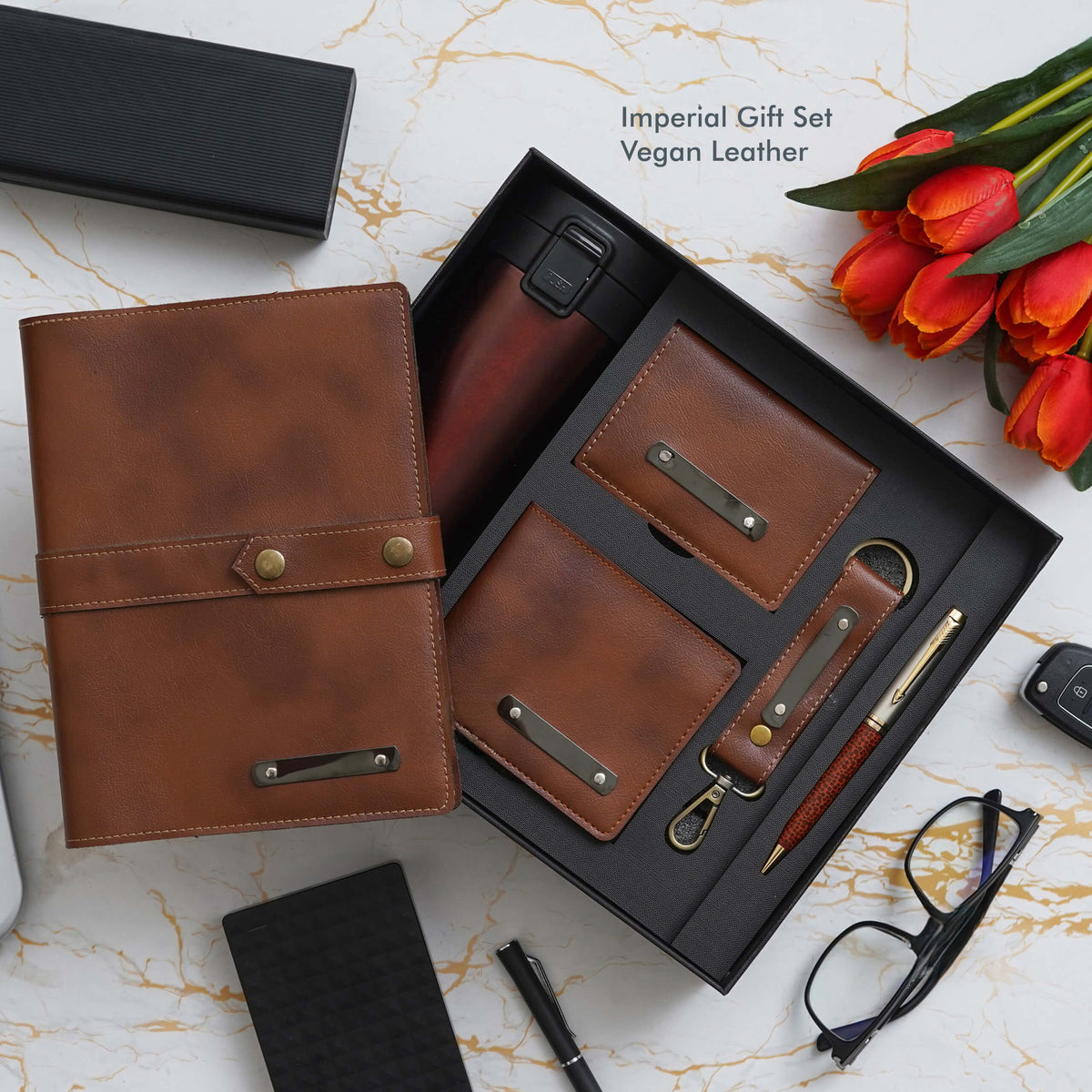 Deluxe Tan Vegan Leather Office Gift Set - Elevate Your Workspace