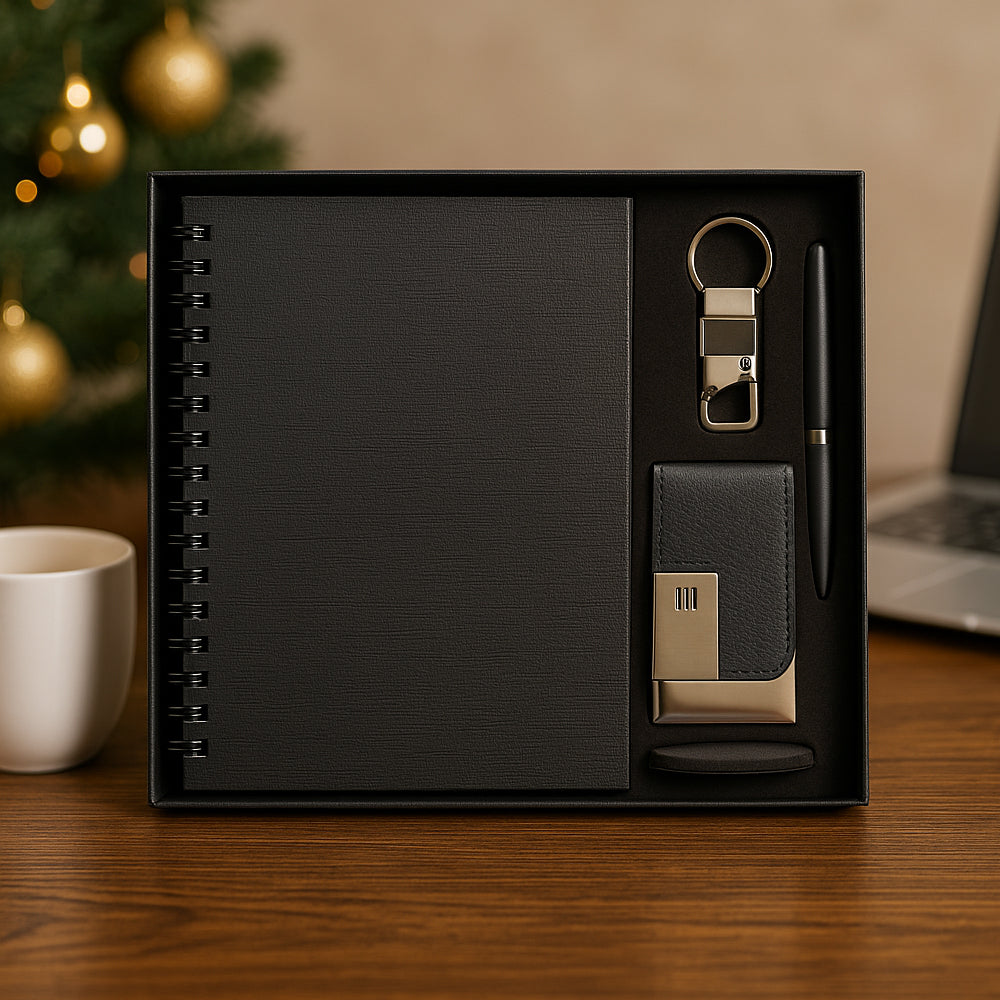 Premium corporate gift set with notebook, pen, keychain, and card holder – ideal for executives and professionals