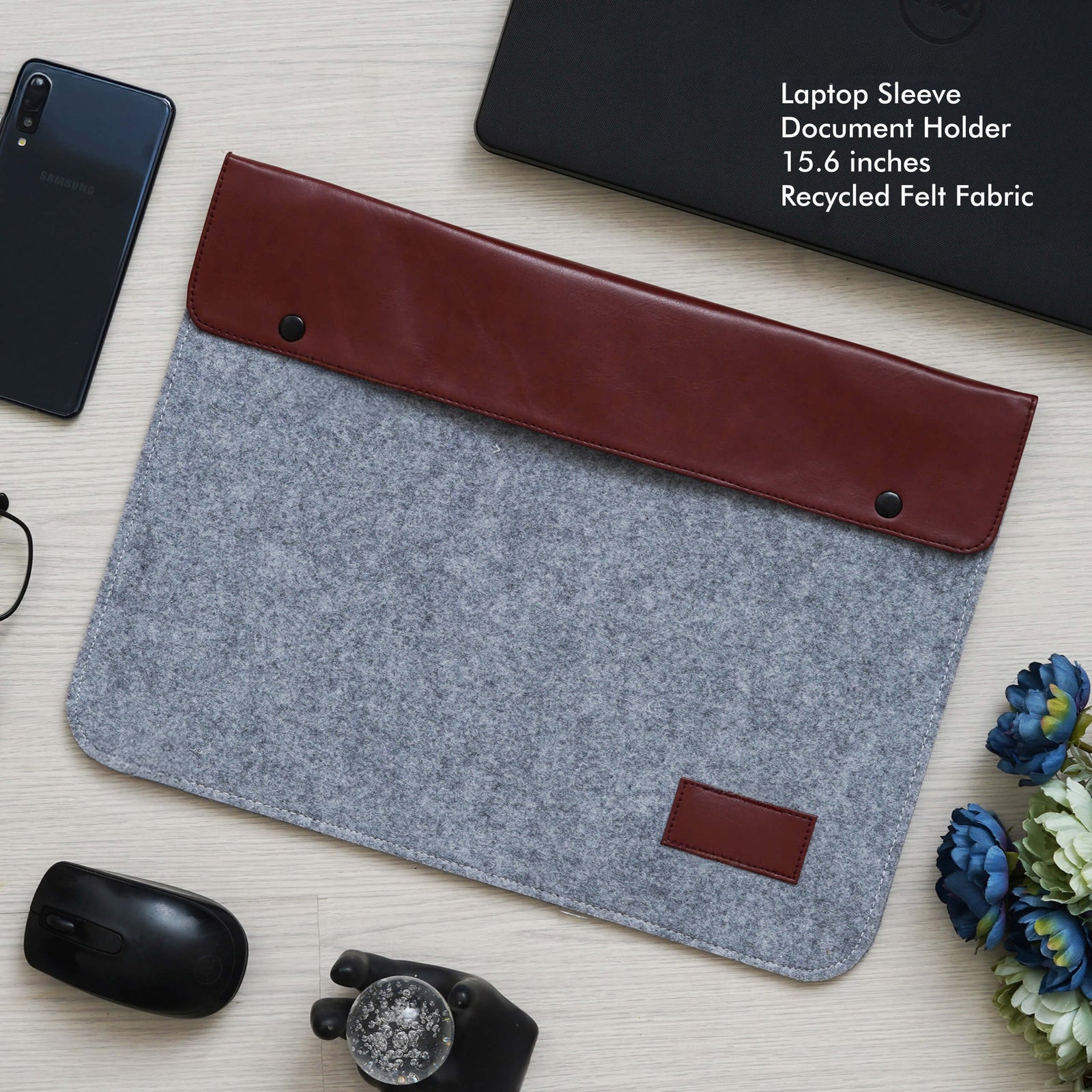 Grey Laptop Sleeve with Button Pocket - Fits Laptops Up to 15.6 Inch