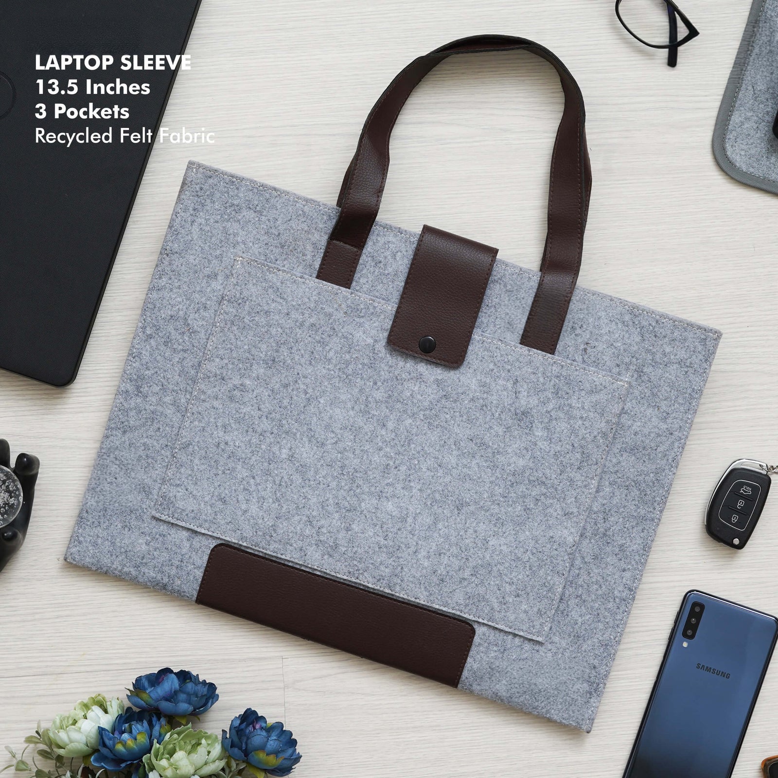 Grey Laptop Sleeve with Handles - Fits Laptops Up to 13.5 Inch