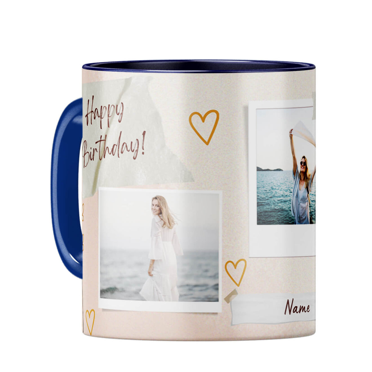 Happy Birthday Three Photos and Name Coffee Mug Dark Blue