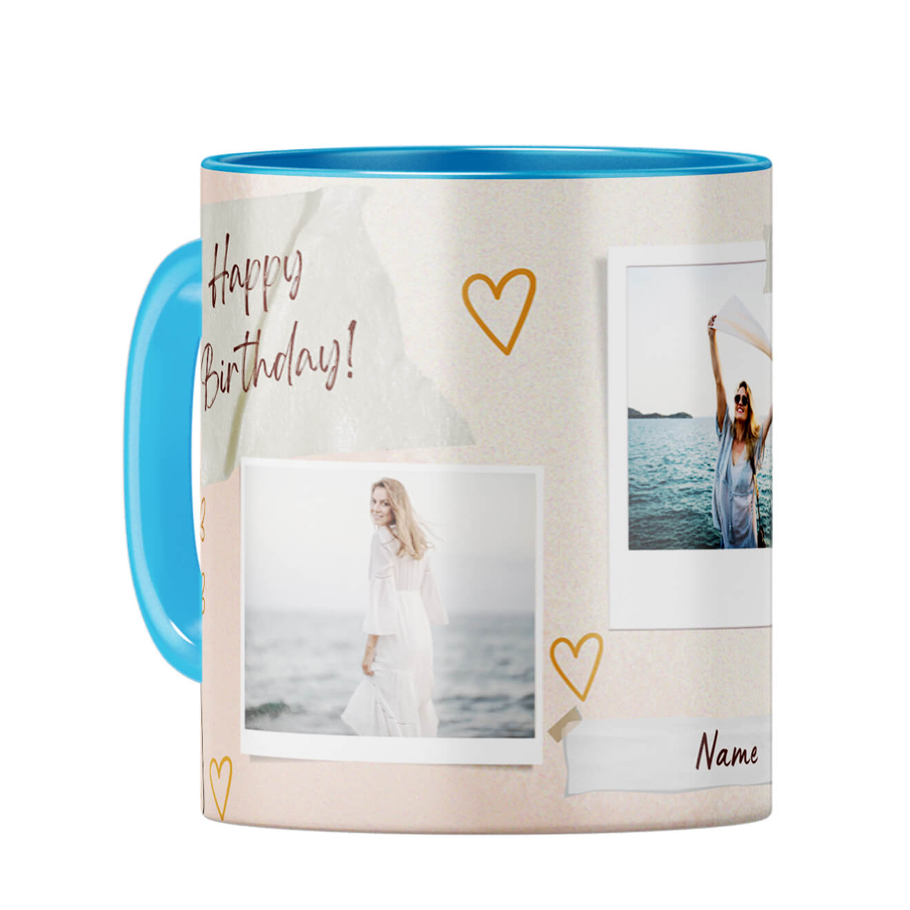 Happy Birthday Three Photos and Name Coffee Mug Light Blue