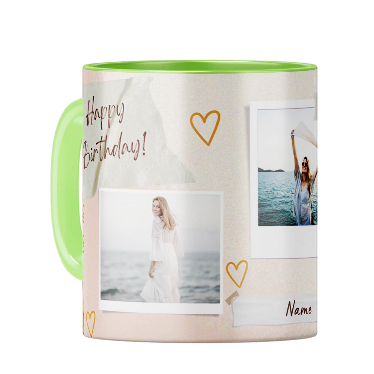 Happy Birthday Three Photos and Name Coffee Mug Light Green