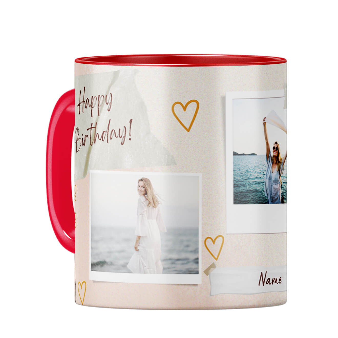 Happy Birthday Three Photos and Name Coffee Mug Red
