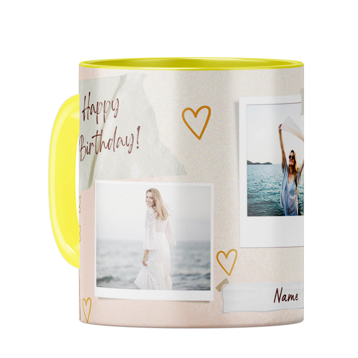 Happy Birthday Three Photos and Name Coffee Mug Yellow