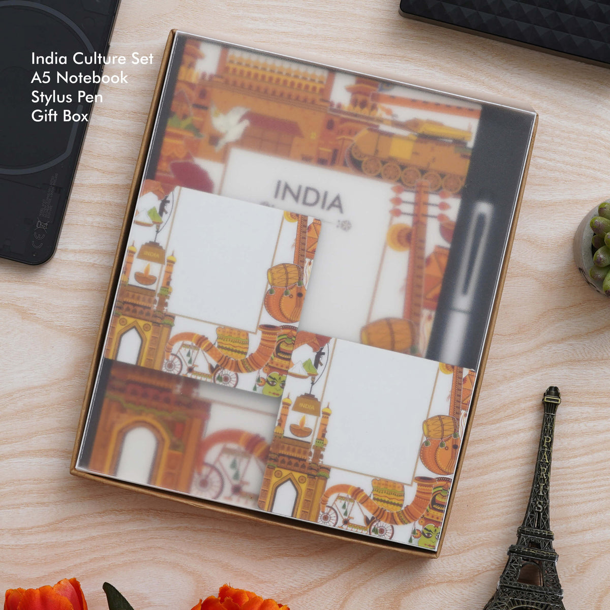 India Theme Gift Set: A5 Notebook, 2 Coasters, and Stylus Pen in White Gift Box - Celebrate Indian Culture