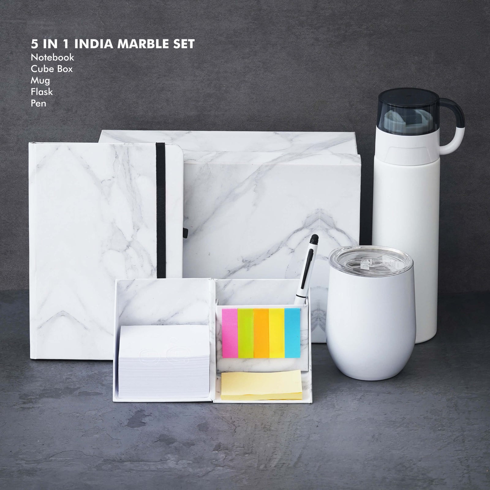 Marble Finish Gift Set - Notebook, Cube Box, Mug, Flask, Pen