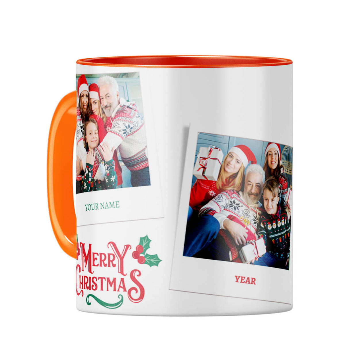 Merry Christmas With Name and Year Coffee Mug Orange