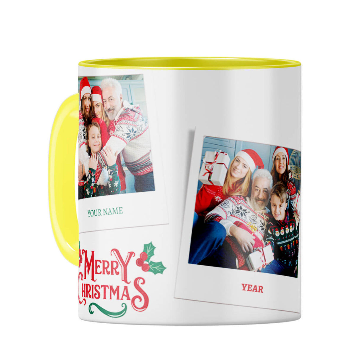 Merry Christmas With Name and Year Coffee Mug Yellow